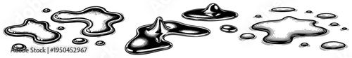 Shiny liquid puddles and metallic oil drops with reflections in vintage engraving style