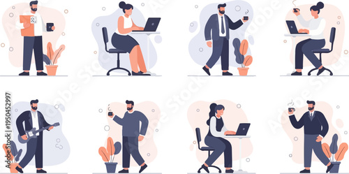 Diverse individuals working, playing guitar, and enjoying drinks in casual settings