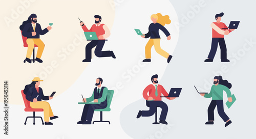 Diverse individuals engage in various work-related activities using technology