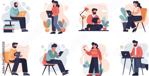 Diverse people engage in digital tasks, seated, standing, and working remotely