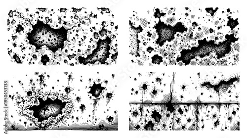 Distressed ink splatter texture and corroded surface with irregular holes and damage