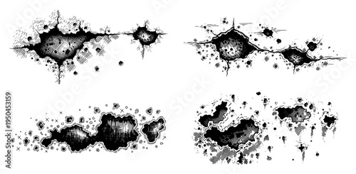 Set of hand drawn organic ink splatters and liquid damage shapes with textured edges