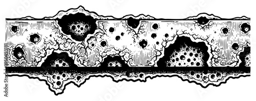 Horizontal border design featuring cratered surface and organic holes in hand drawn style