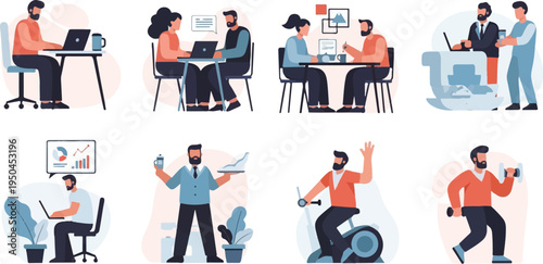 Diverse individuals engage in various work and wellness activities