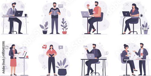 Diverse individuals engaged in various work-related activities in modern settings