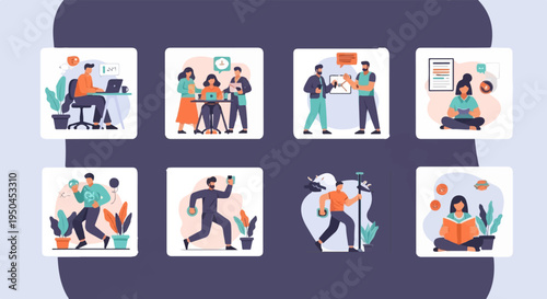 Diverse people engaged in various activities like working, collaborating, and leisure