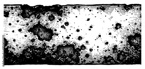 Detailed woodcut style texture of a corroded and pitted surface showing signs of decay