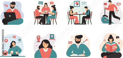 Diverse people engaged in work, learning, and fitness activities