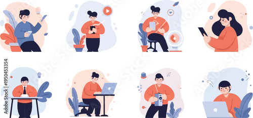 Diverse individuals engaged in modern digital activities, showcasing technology