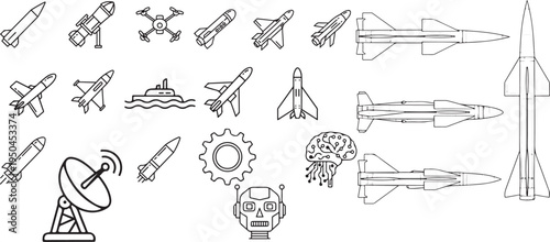 Defense technology icons set vector illustration of robotic systems and military equipment