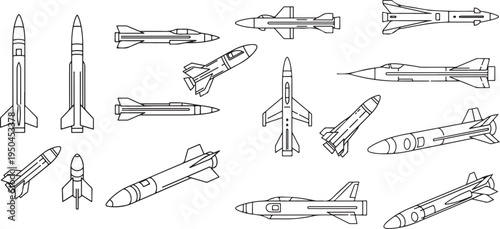 Military missile icons set vector illustration of various rocket types and jet projectiles