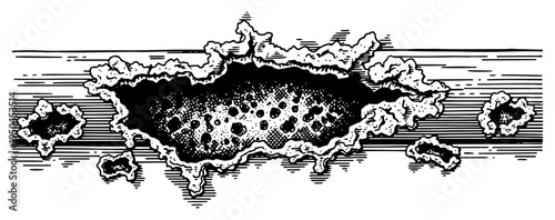 Hand drawn woodcut style illustration of a large irregular hole in a horizontal surface