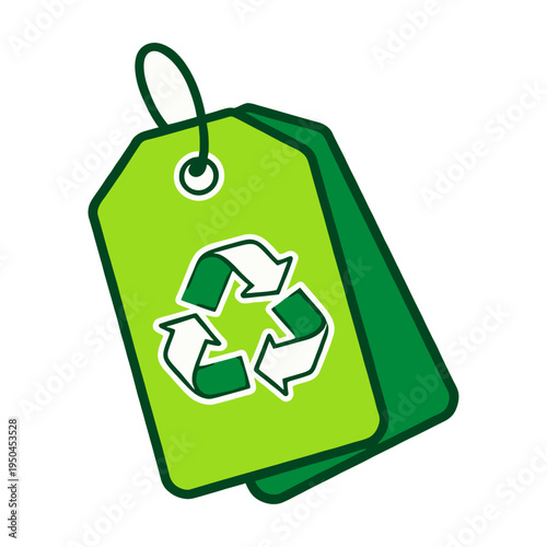 Green vector tag with a recycling symbol promoting sustainability and eco-friendliness
