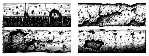 Set of horizontal textures showing eroded and cracked surfaces in vintage engraving style