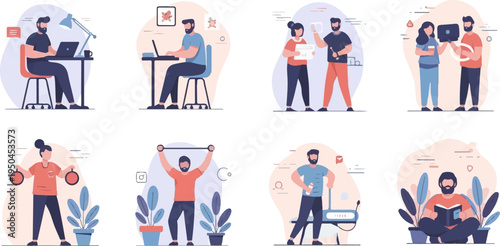 Diverse individuals engaged in daily activities, work, fitness, and relaxation