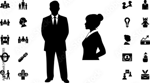 Black silhouette icons of a man in a suit and a woman with short hair