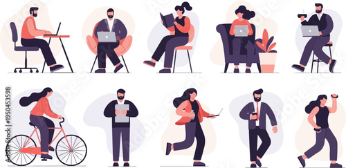 Diverse individuals engaged in various activities like working, reading, cycling, and fitness