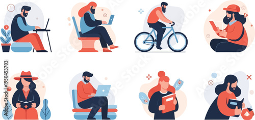 Diverse individuals engaged in various activities like reading, cycling, and working on laptops