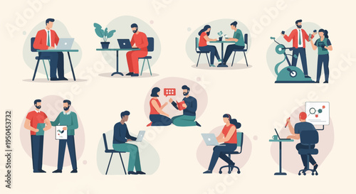 Diverse individuals engaged in various activities like working, exercising, and collaborating