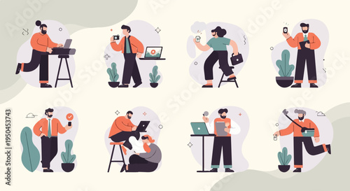 Diverse individuals engaged in modern work activities, showcasing technology and connectivity