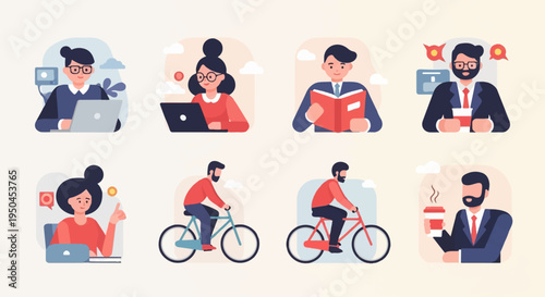 Diverse individuals engaged in work, leisure, and daily routines