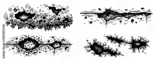 Collection of various impact craters and surface cracks with detailed stippling and line work