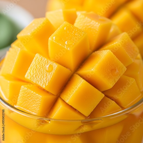 Freshly cut ripe mango pieces presented attractively in a clear glass container