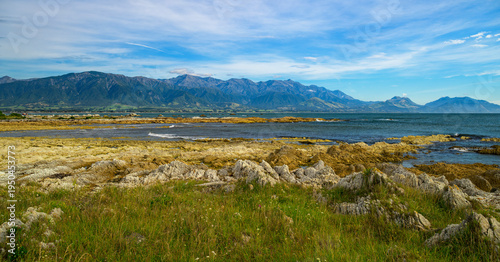 Coastline with tidal flats and cliffs on the Kaikoura Peninsula, with the Seaward Kaikoura Range in the background