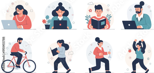 Diverse people engage in work, learning, cycling, and fitness activities