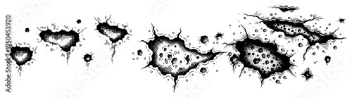 Horizontal row of detailed impact craters and pitted surface texture in pen and ink style