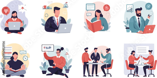 Diverse individuals engaged in productive work, meetings, and study