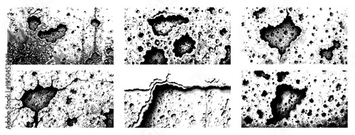 Set of six detailed surface texture panels featuring craters cracks and rocky terrain in ink style