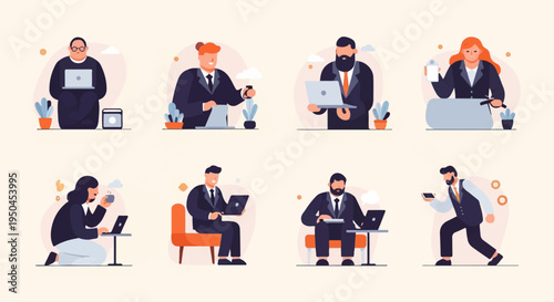 Diverse professionals in business attire engage with technology and beverages