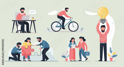 Diverse team collaborating, biking, and brainstorming ideas for success