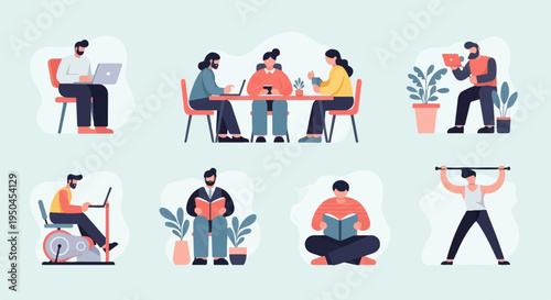 Diverse people engaged in work, fitness, and leisure activities (1)