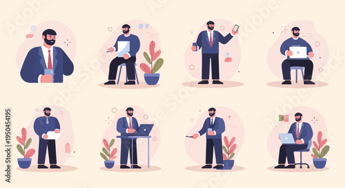 Eight business illustrations featuring a bearded man in a suit
