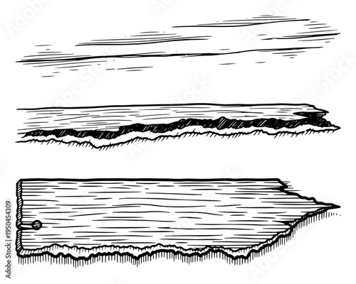 Set of hand drawn horizontal elements including a torn wooden plank and ragged ground edge