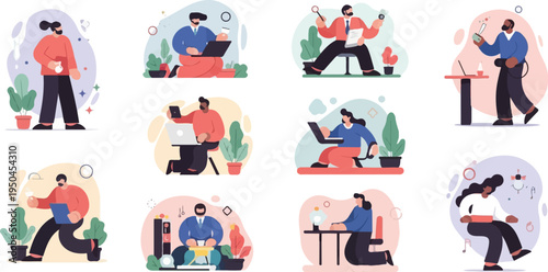 Diverse individuals engaged in various tasks, some with laptops, plants, and abstract shapes