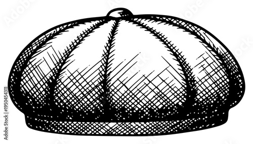 Classic vintage flat cap or newsboy hat hand drawn in detailed engraving style