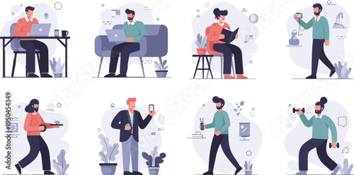 Flat illustrations of people working, reading, and exercising in modern settings