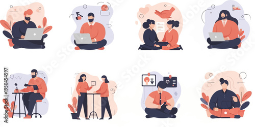 Diverse individuals engaged in various activities like working and collaborating