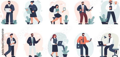 Diverse professionals engaged in various office tasks, some interacting with devices