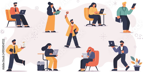 Diverse individuals engaged in work, using laptops and tablets