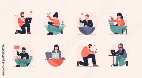 Diverse individuals engaged in various work-related activities on laptops