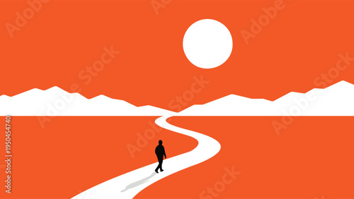 Minimalist Silhouette Man Walking on Winding Path at Sunset