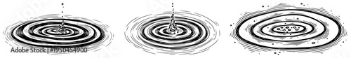 Set of water ripples and liquid splash circles in engraving style