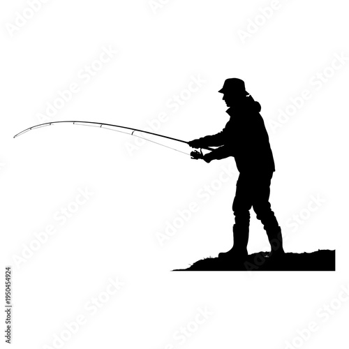 Black silhouette of a fisherman holding a fishing rod and reel while standing on a riverbank, ideal for outdoor recreation and sport fishing designs.