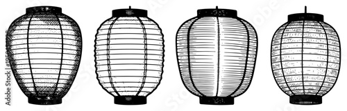 Set of four traditional Asian paper lanterns in vintage engraving style