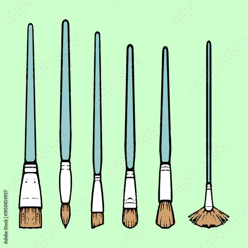 Special Collection of 6 Artist Brushes Highlighted in Green for Creative Fine Art Studio Assets.