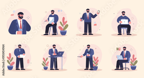 Eight business illustrations featuring a bearded man in a suit